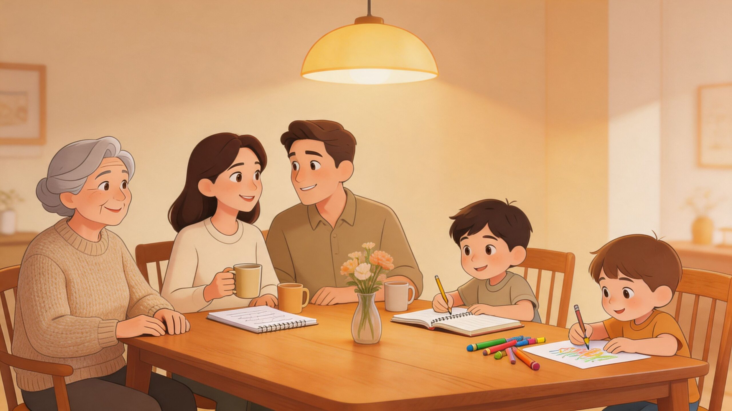 A happy multigenerational family sitting together at a wooden dining table, drawing and talking in a warm room.