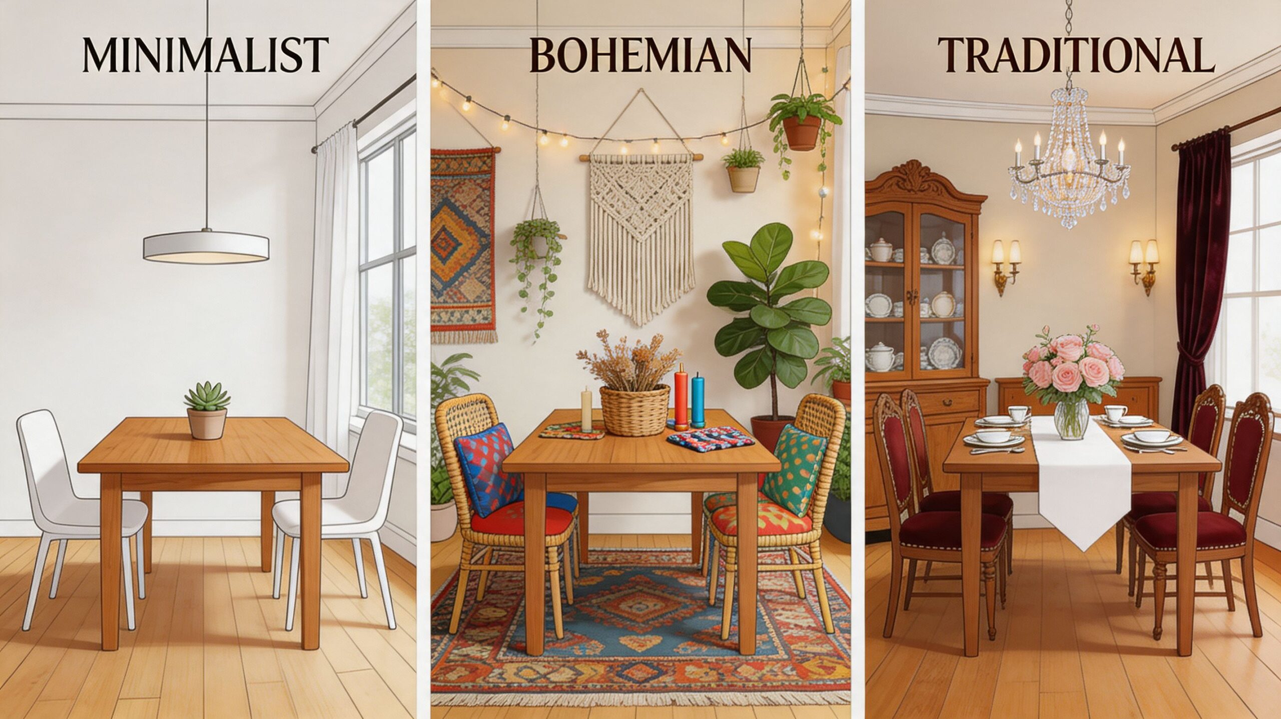 Three different interior design styles featuring wooden teak dining tables in minimalist, bohemian, and traditional settings.