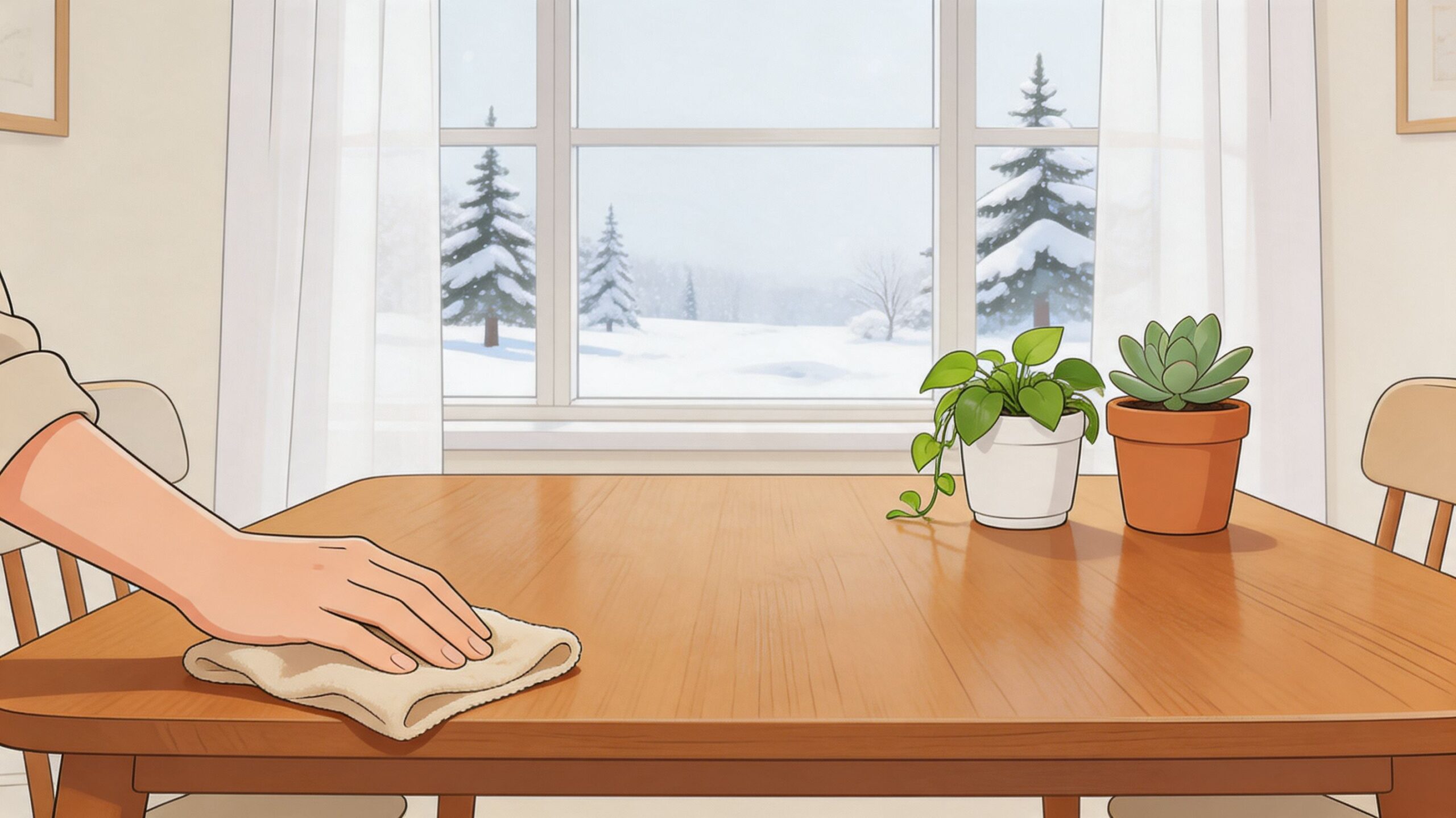 A person wiping down a wooden dining table with a cloth in a room overlooking a snowy landscape.