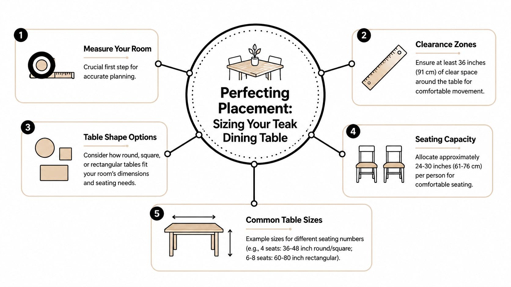 An infographic titled Perfecting Placement, explaining five key steps for choosing the right size teak dining table.