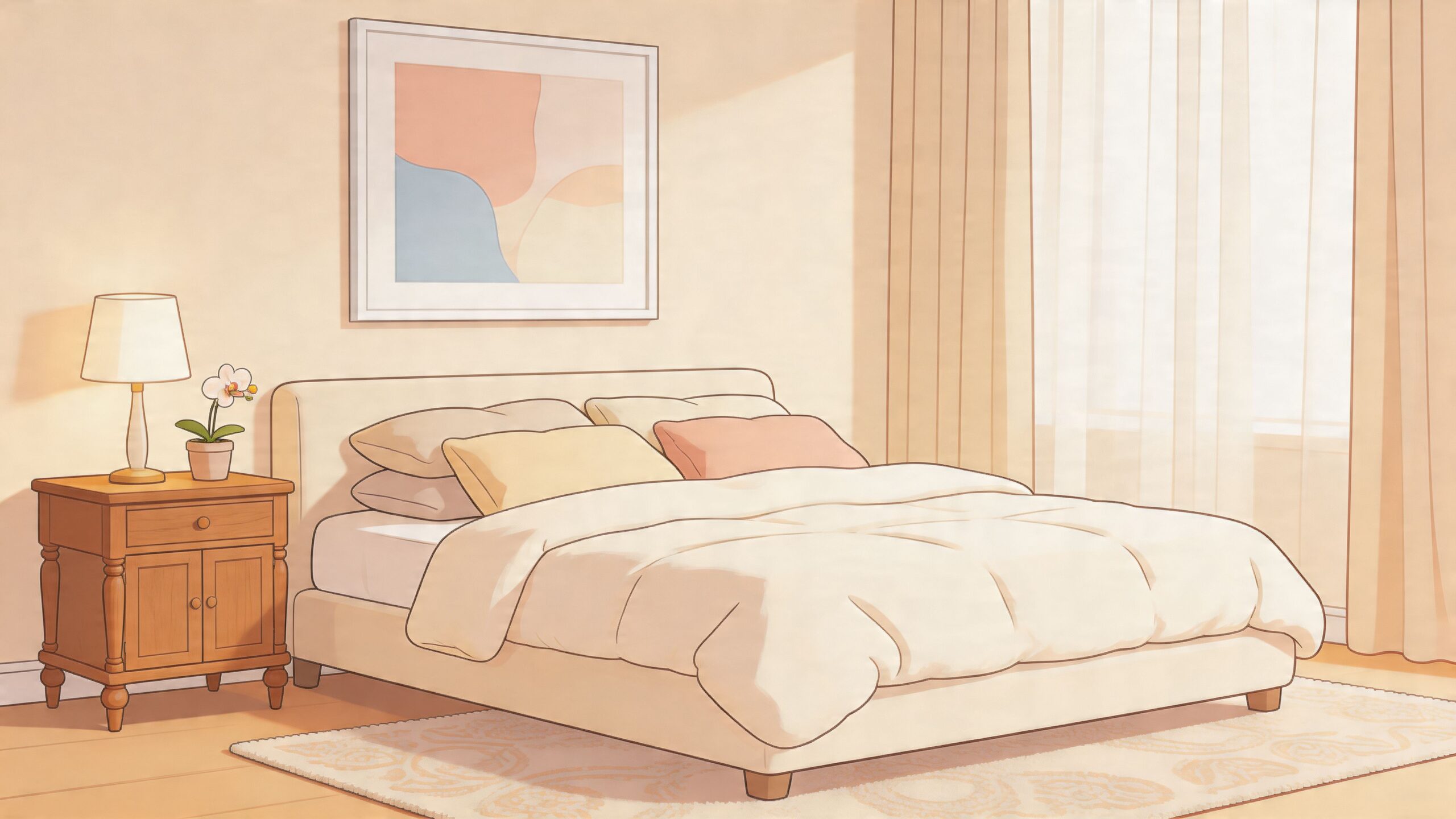 A cozy bedroom featuring a comfortable bed with neutral bedding, a wooden nightstand, and soft lighting.