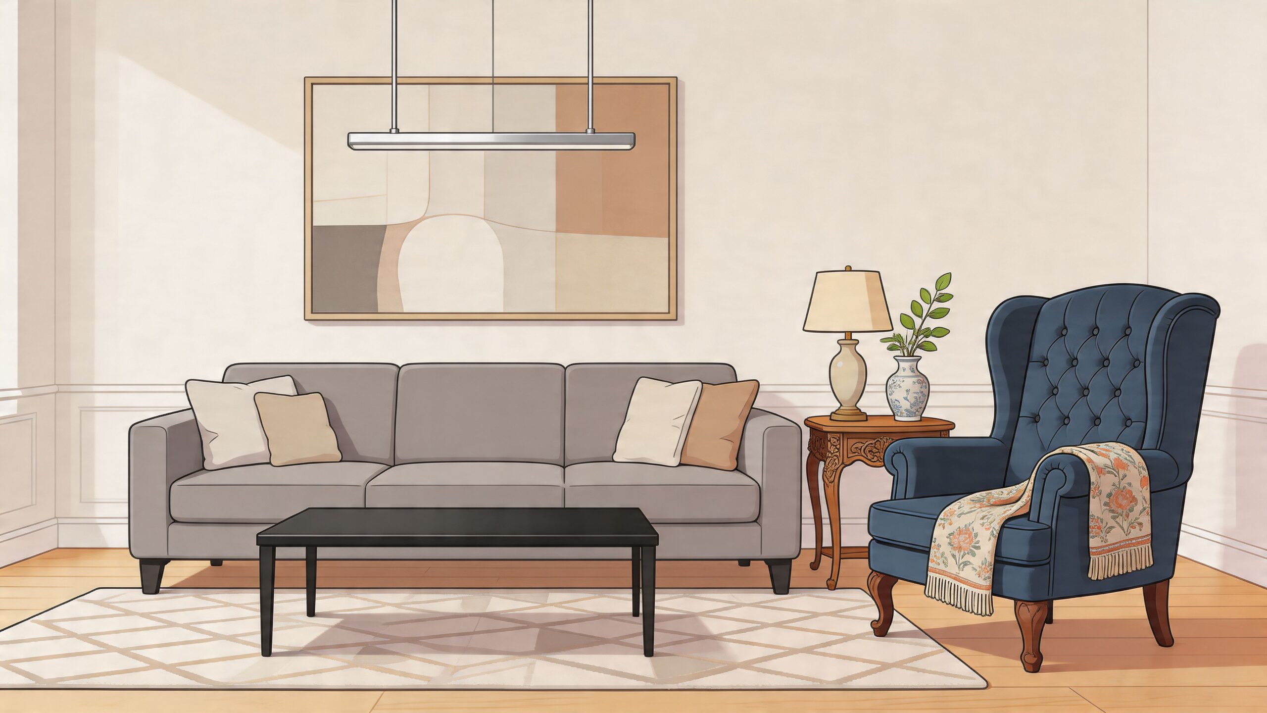 A modern living room featuring a grey sofa, a blue wingback chair, and neutral wall art decor.