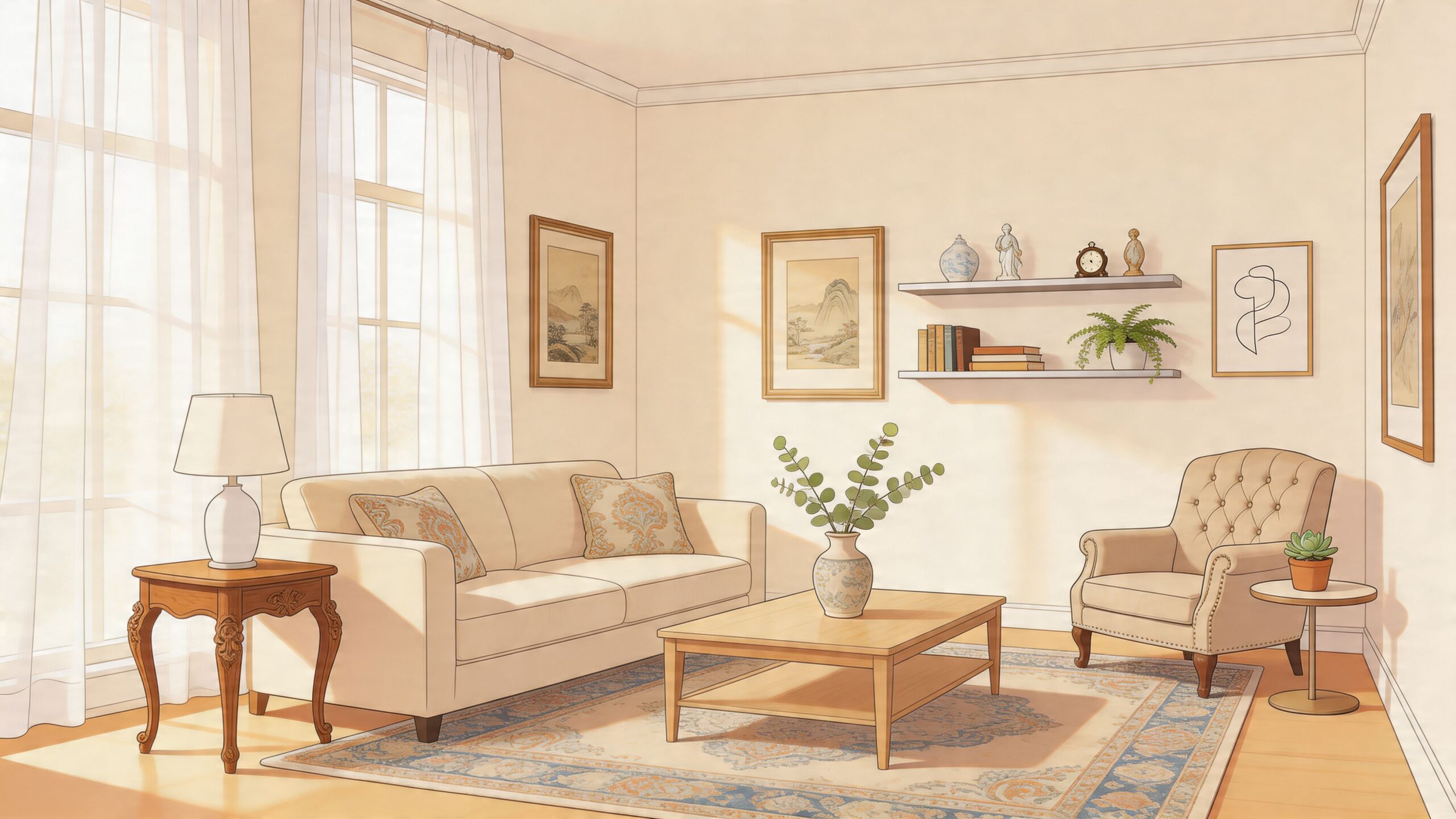 A cozy, sunlit living room featuring transitional interior design with a neutral sofa, armchair, and decorative accents.