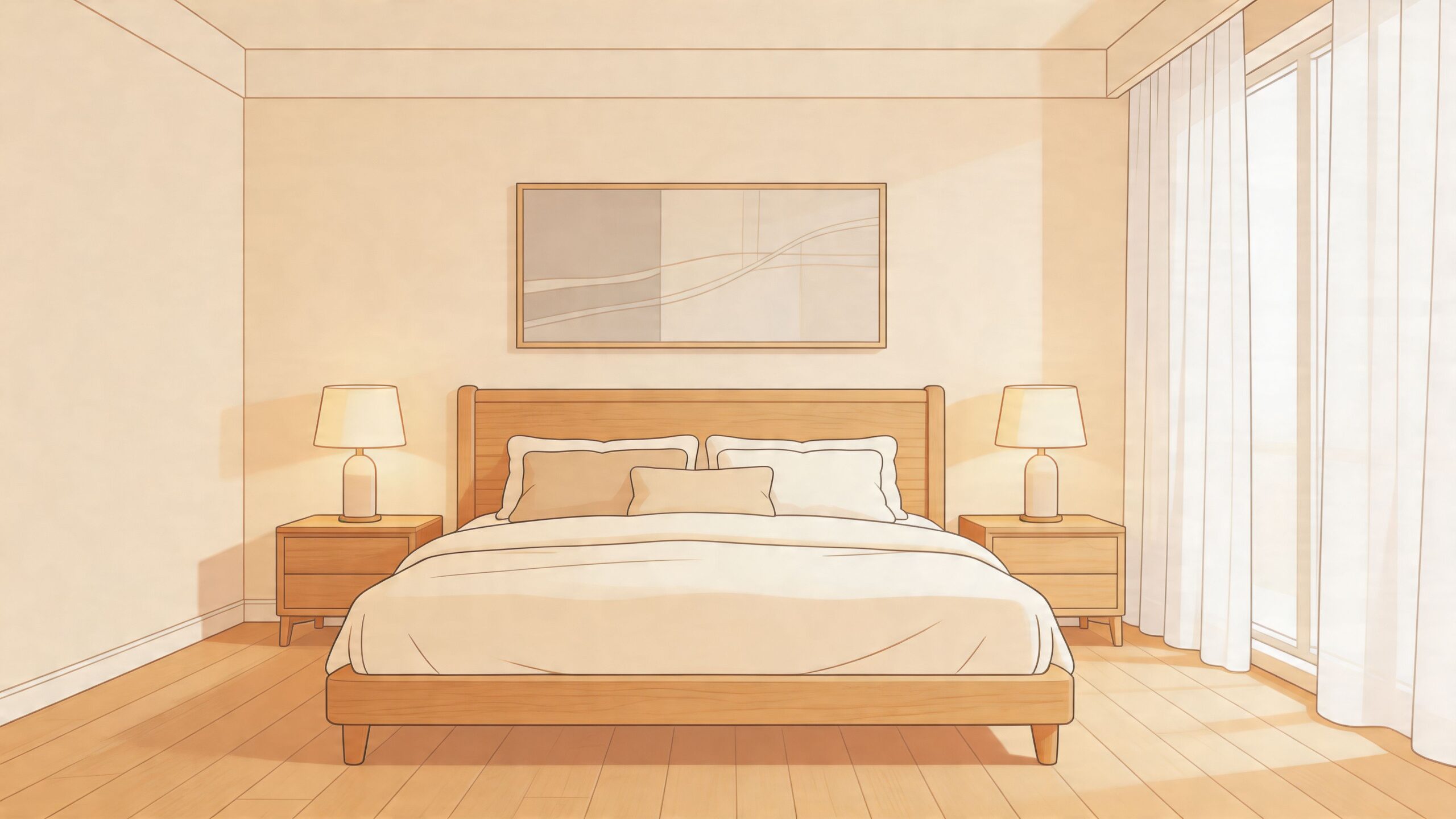 A cozy bedroom with a wooden king-size bed, nightstands, lamps, and large curtains in a minimalist style.