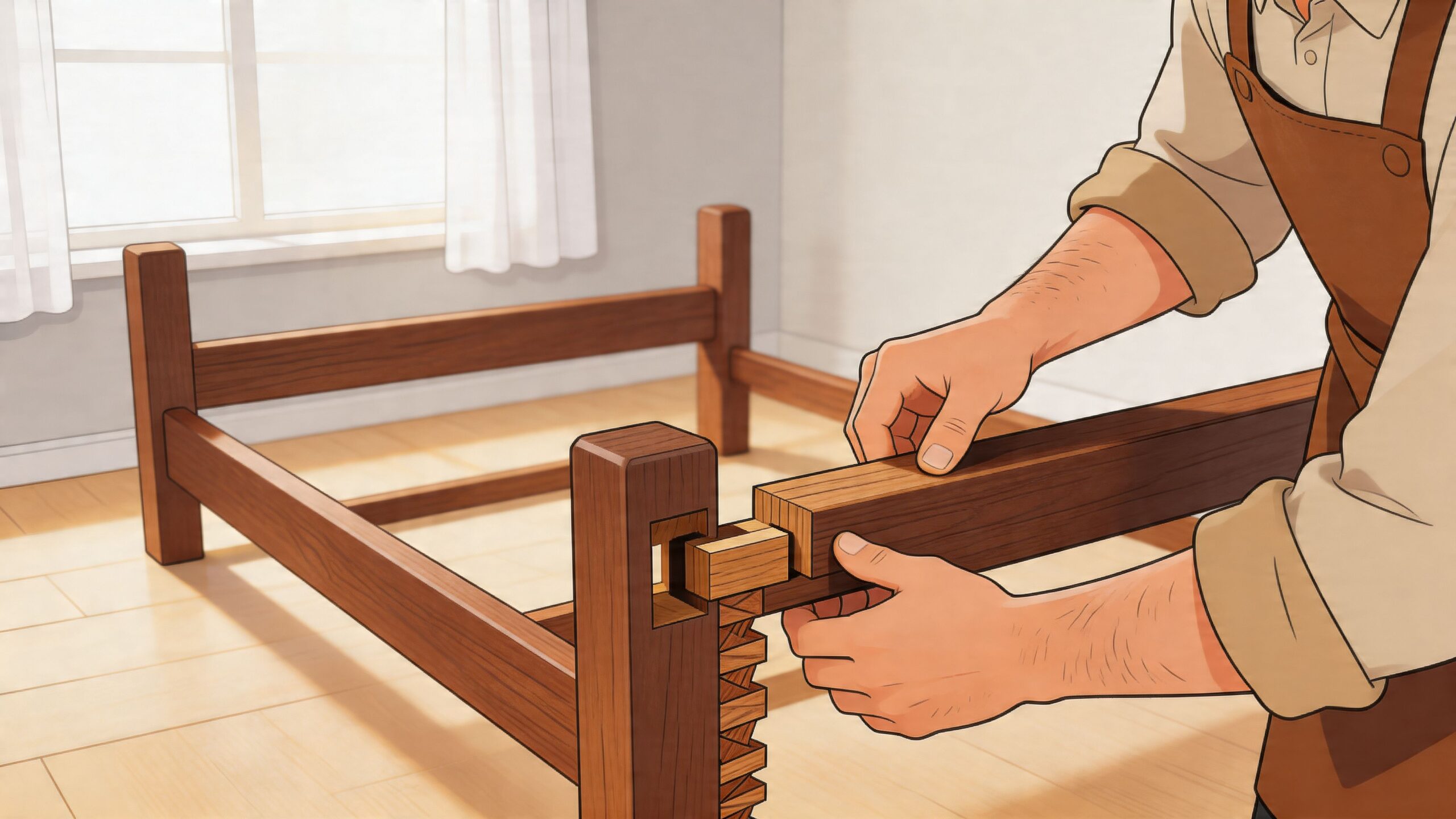 A woodworker assembling a wooden bed frame using traditional interlocking joinery techniques in a bright studio.