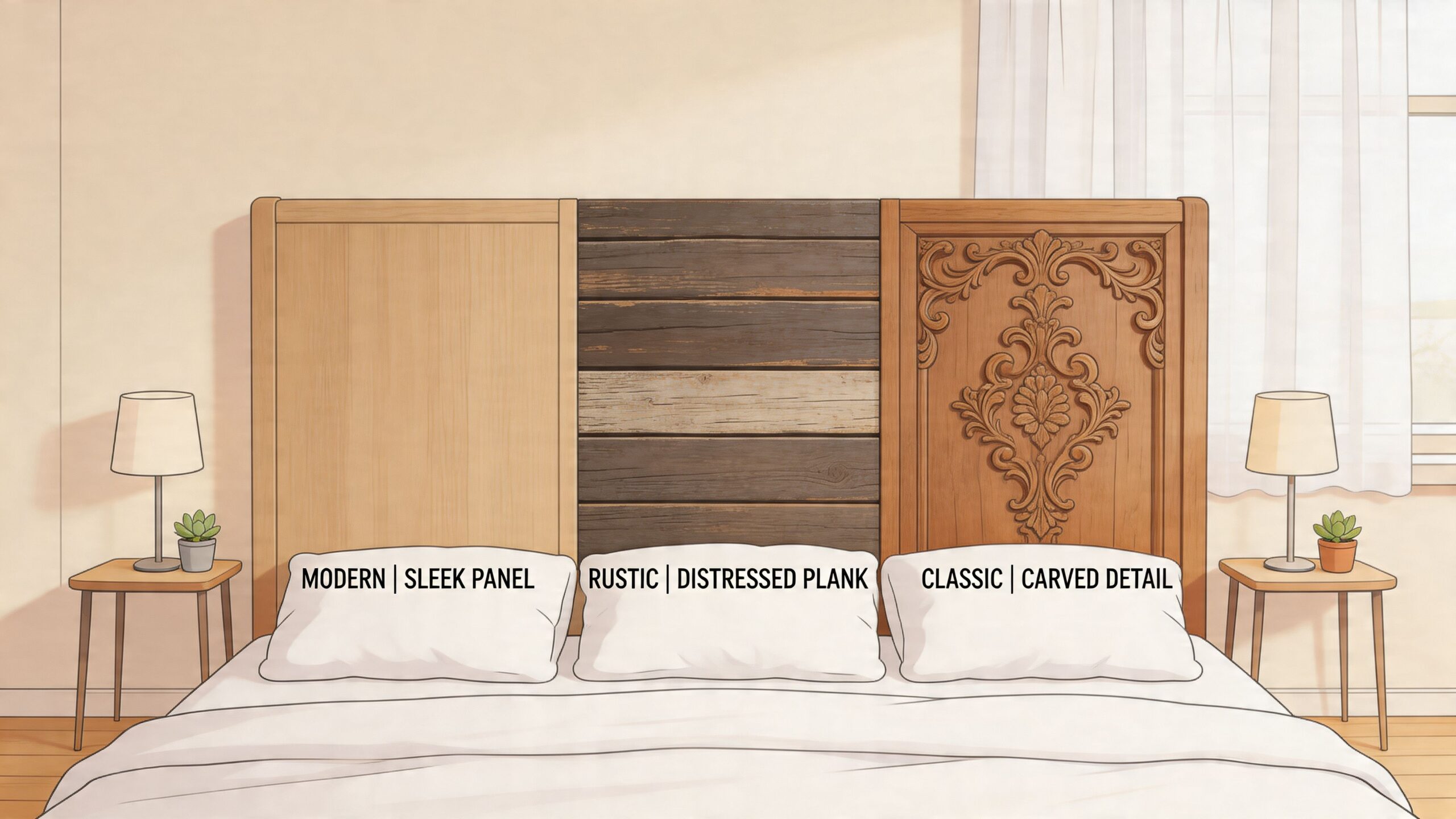 A split headboard design featuring modern sleek, rustic distressed plank, and classic carved wood style panels.