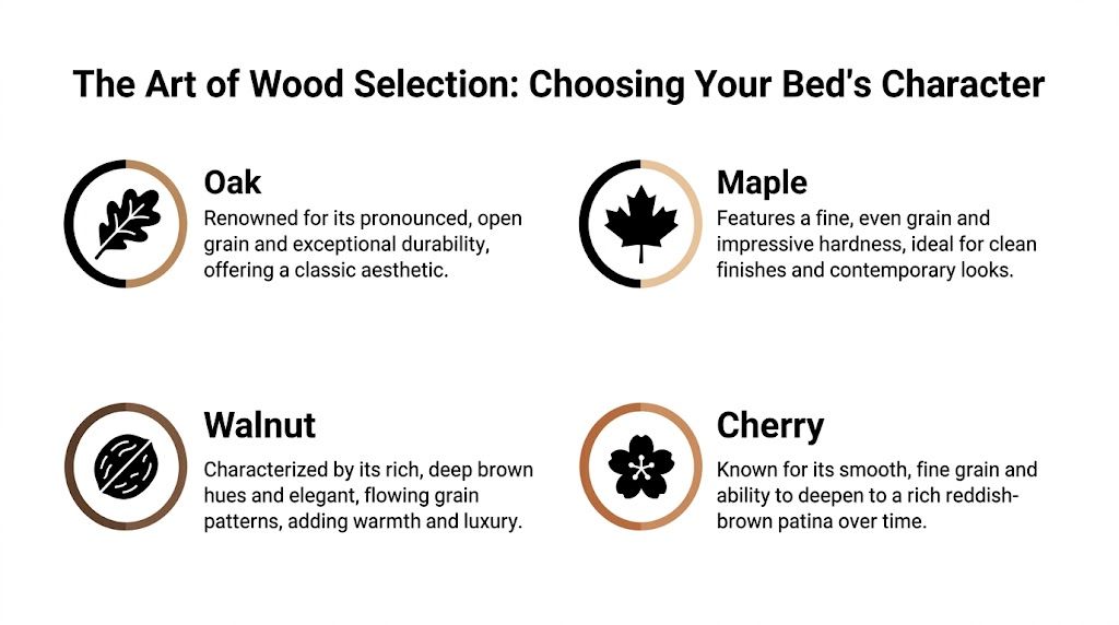 A guide illustrating different wood types for furniture including Oak, Maple, Walnut, and Cherry with descriptions.