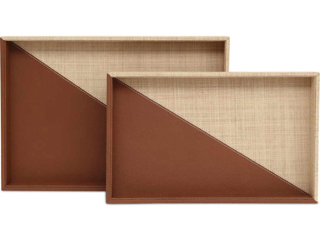 Leather and Raffia Tray Set of 2