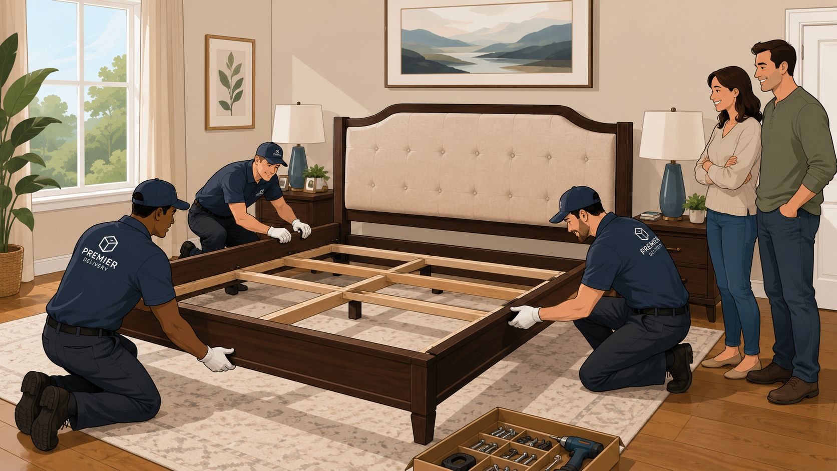 A professional team assembling a king size bed frame for a smiling couple in a modern bedroom.