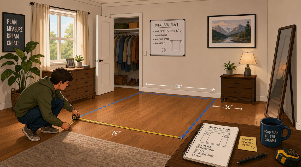 A young man measuring a bedroom floor area with a tape measure to plan king bed placement.