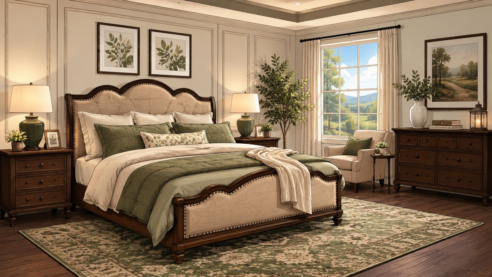 A luxurious king-size bed in a traditional master bedroom featuring green bedding and dark wooden furniture.