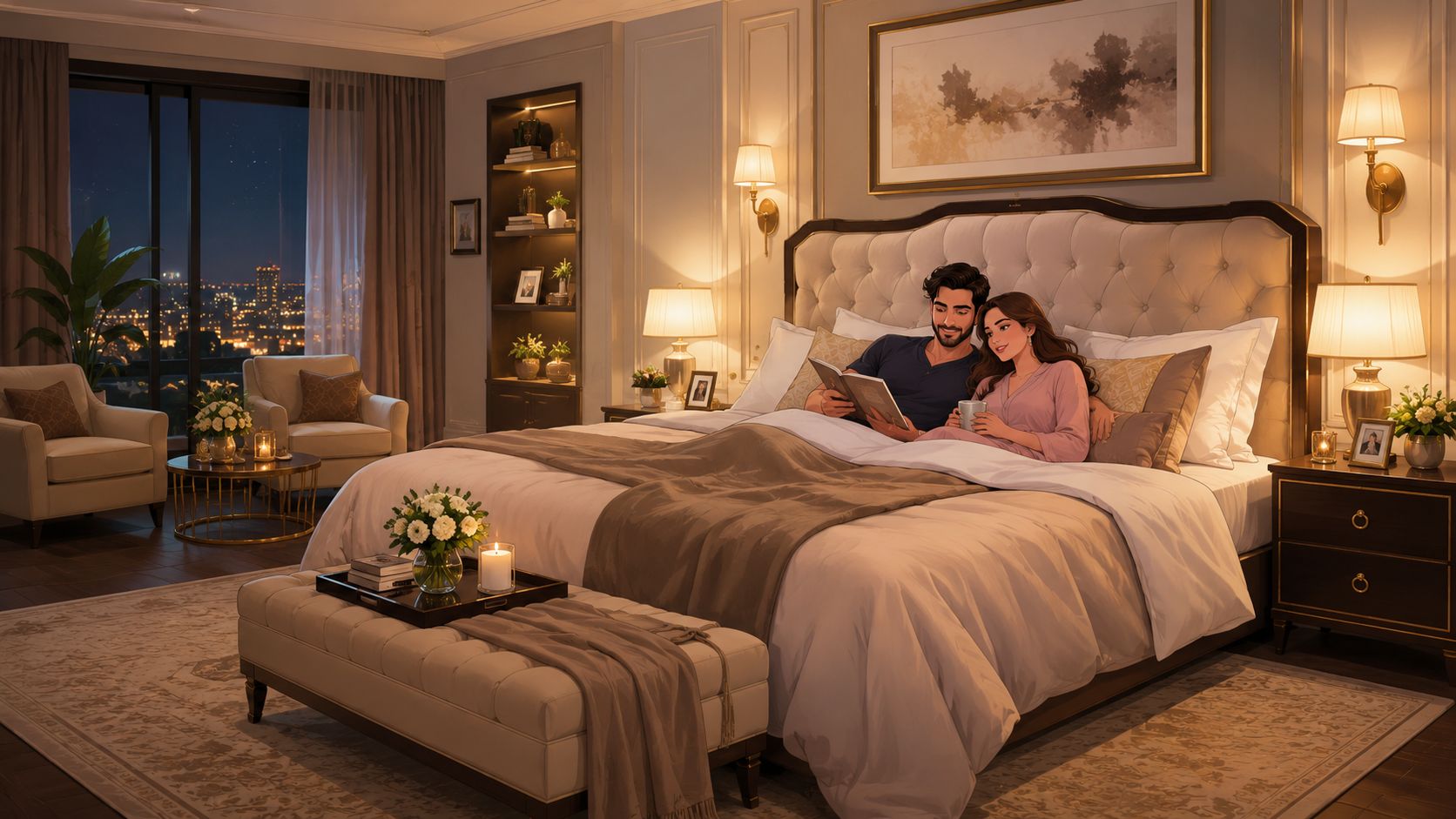 A romantic couple relaxing in bed together in a luxurious, warm, and dimly lit hotel suite.