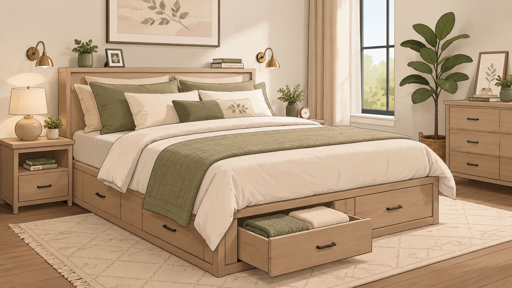A cozy bedroom featuring a wooden bed with storage drawers, olive green bedding, and a large plant.