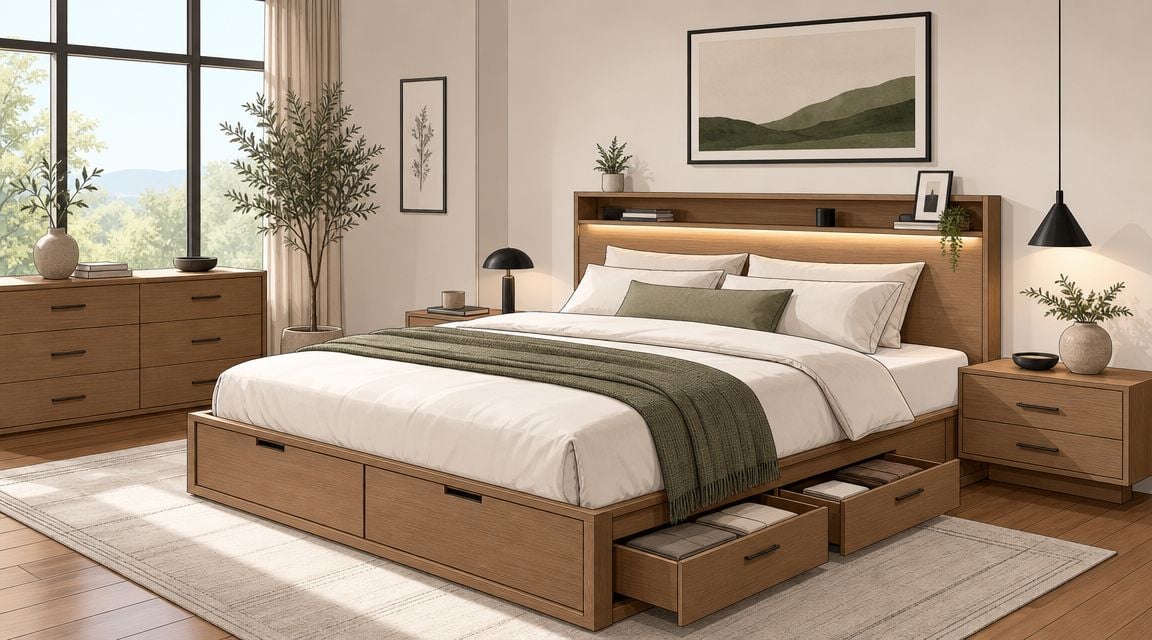 A minimalist bedroom featuring a wooden bed with built-in storage drawers, a matching dresser, and ambient lighting.