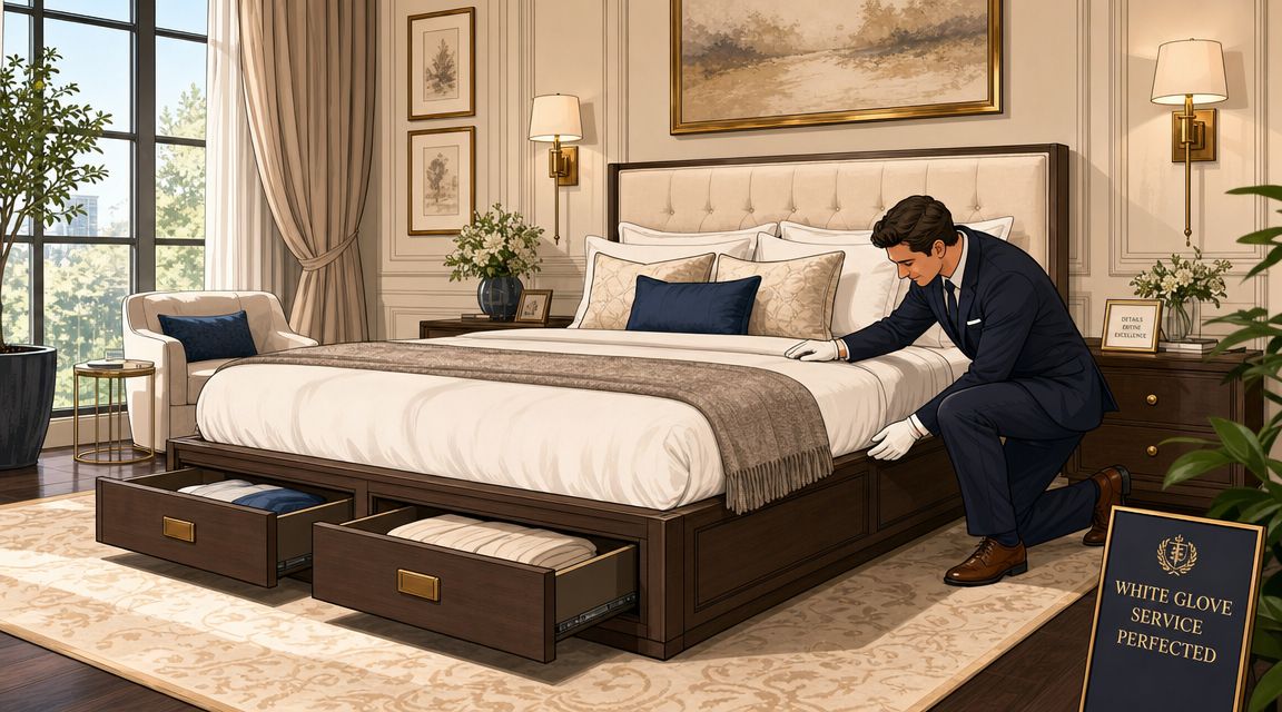 A professional man in a suit inspects a wooden bed with storage drawers in a luxury bedroom.