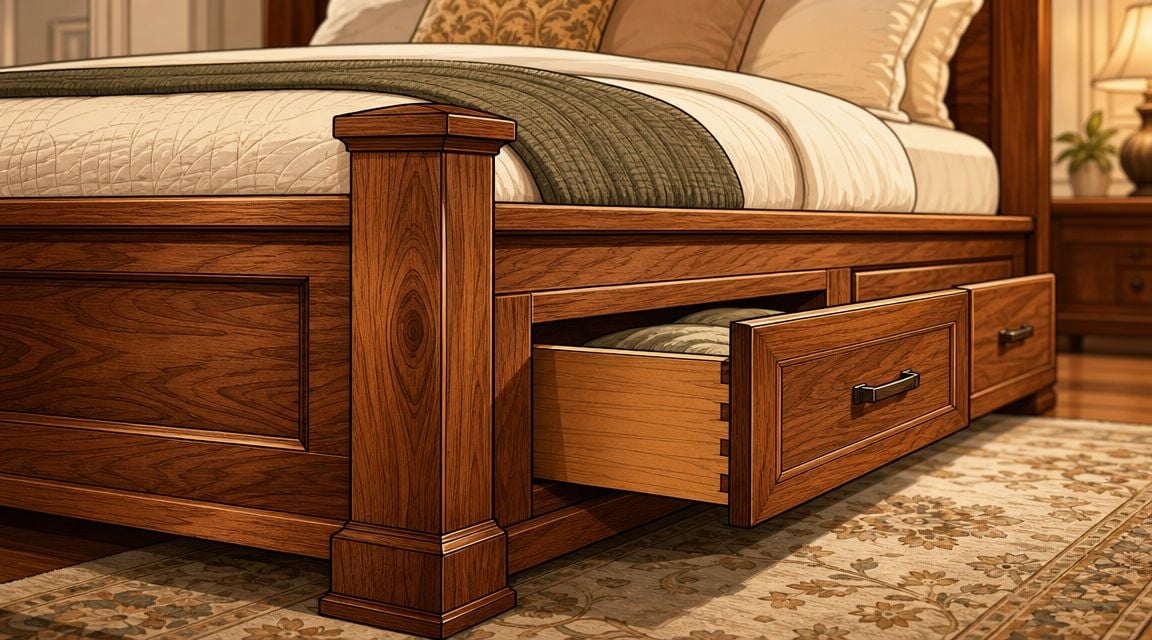 A close-up view of a wooden bed frame featuring functional storage drawers tucked underneath the mattress.