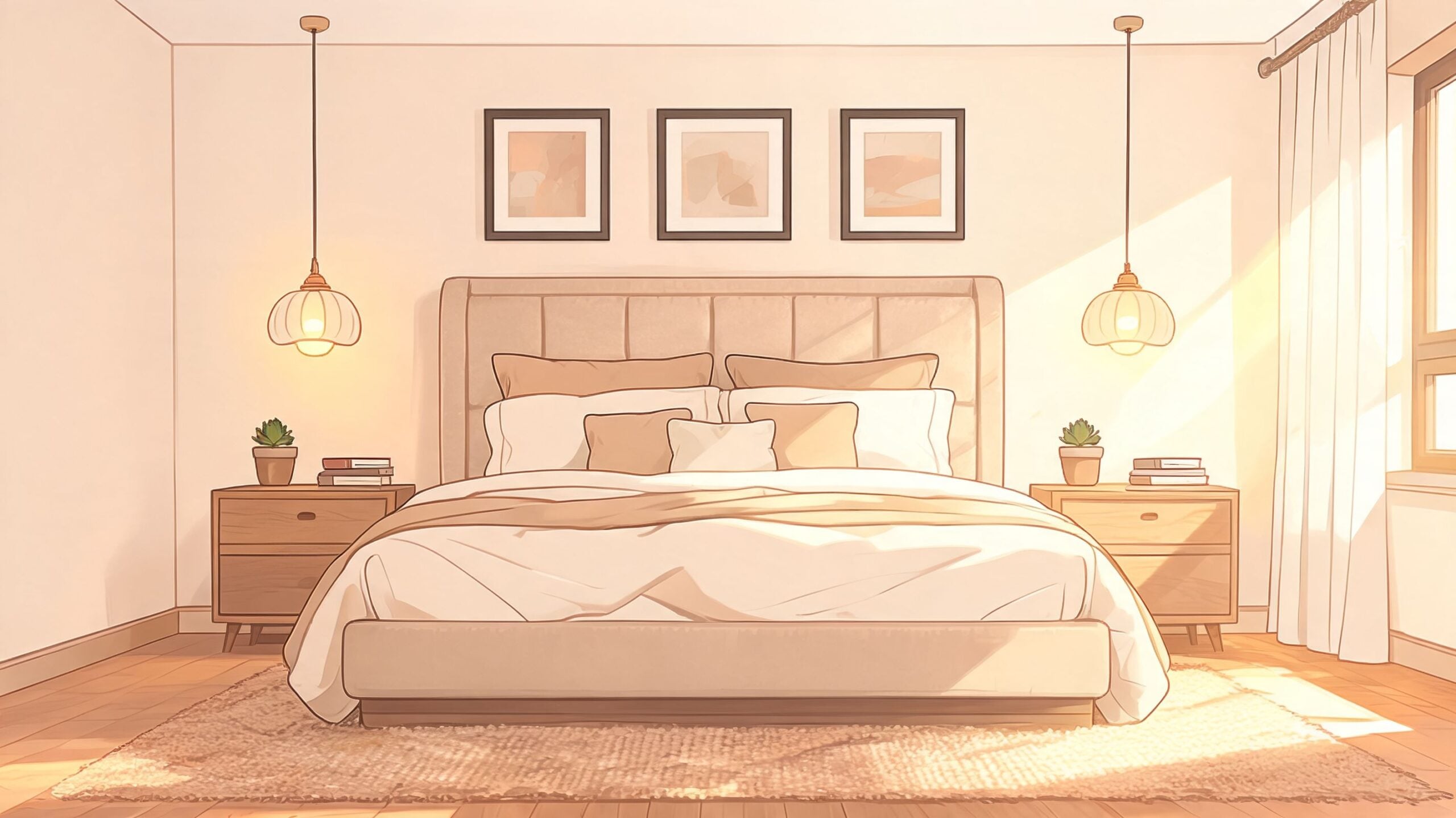 A cozy bedroom with a neatly made bed, pendant lights, and soft morning sunlight streaming through the window.