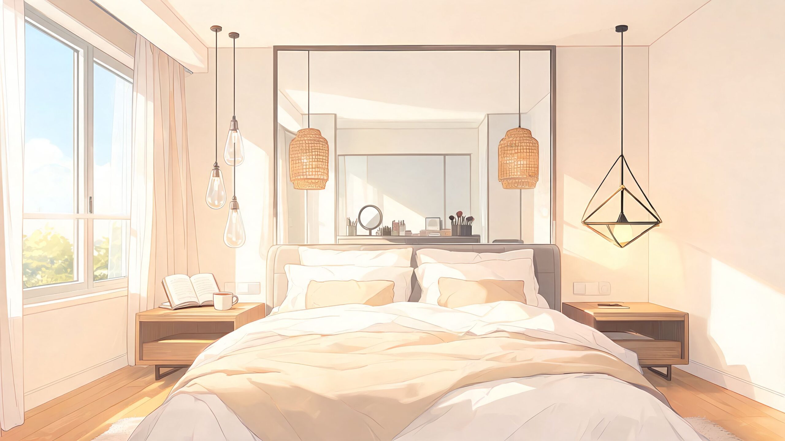 A cozy, sunlit modern bedroom featuring a comfortable bed and stylish pendant lights hanging above bedside tables.