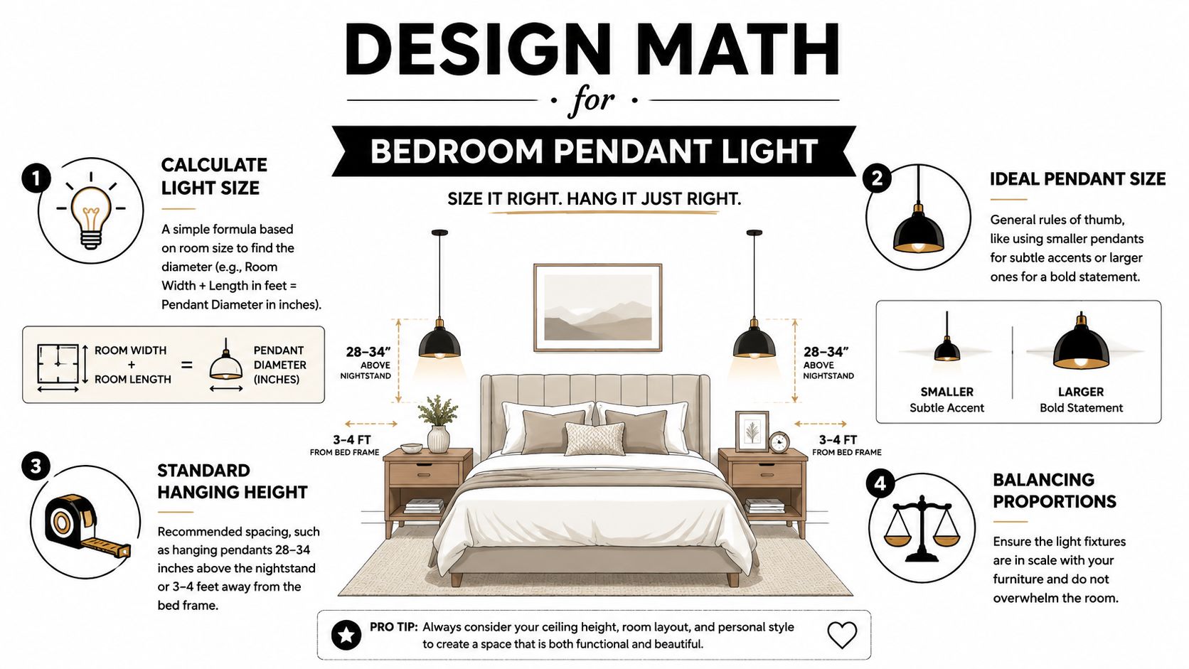 An infographic showing the math and measurements for hanging pendant lights in a bedroom setting.