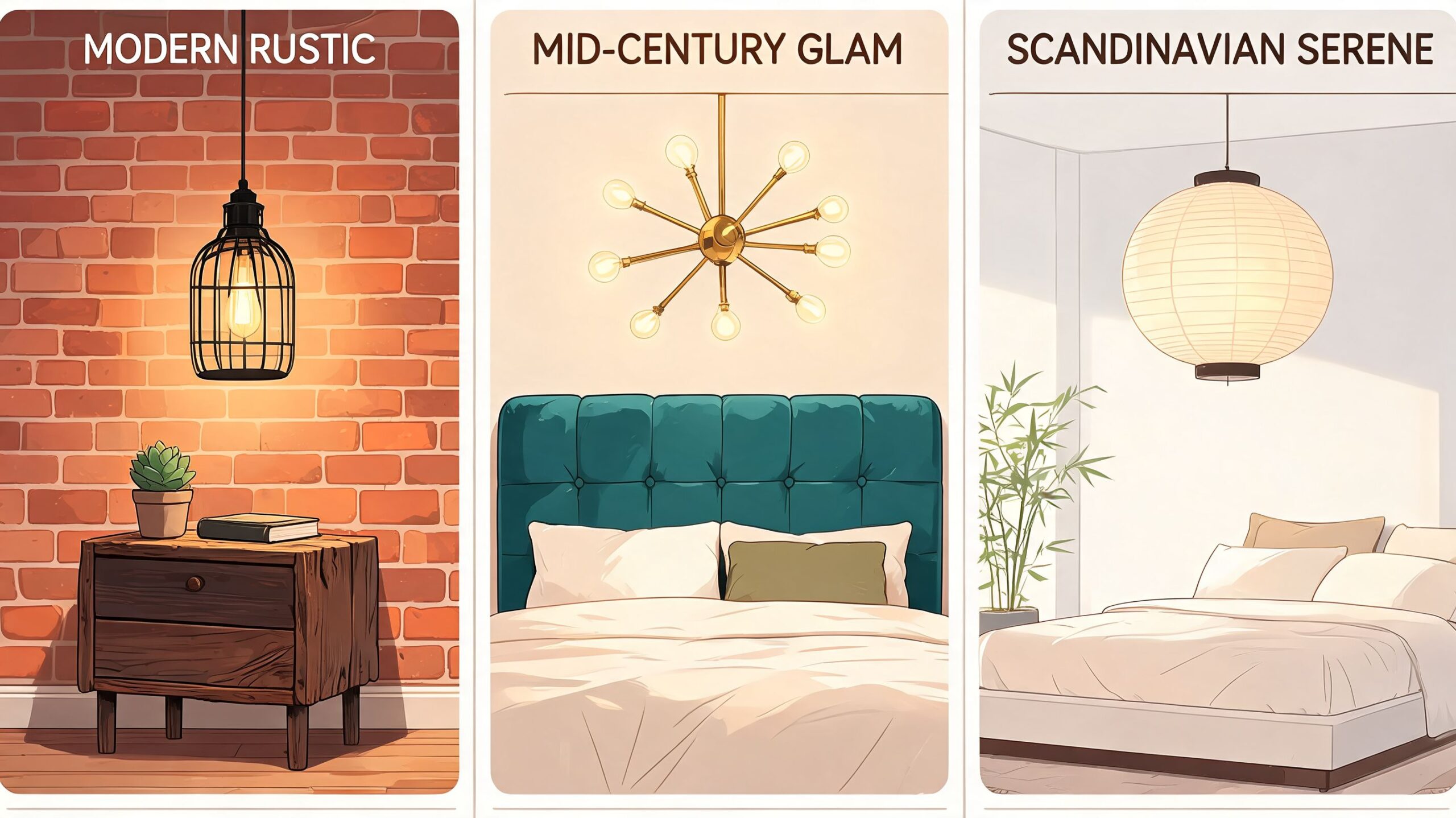 Three bedroom interior design styles featuring different pendant lighting options, from modern rustic to Scandinavian serene aesthetics.