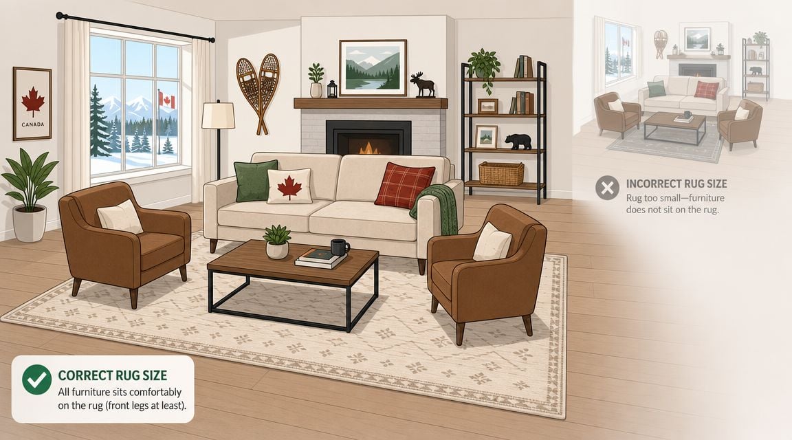 An illustration comparing correct and incorrect area rug placement in a Canadian-themed living room interior design.