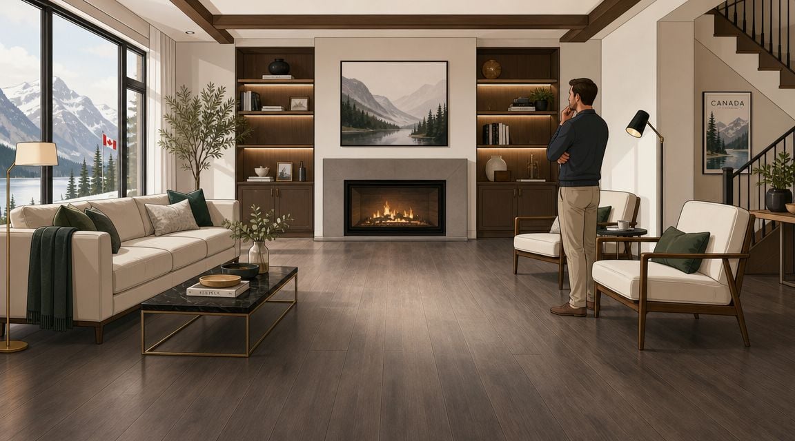 A man standing in a modern, luxury living room with fireplace and view of Canadian mountains.