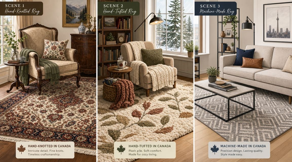 Three interior room scenes featuring hand-knotted, hand-tufted, and machine-made rugs produced in Canada.
