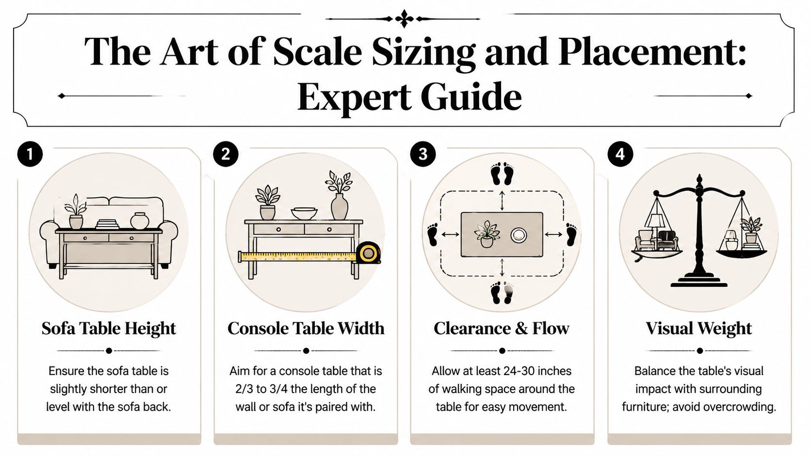 An infographic titled The Art of Scale Sizing and Placement showing four expert interior design tips.