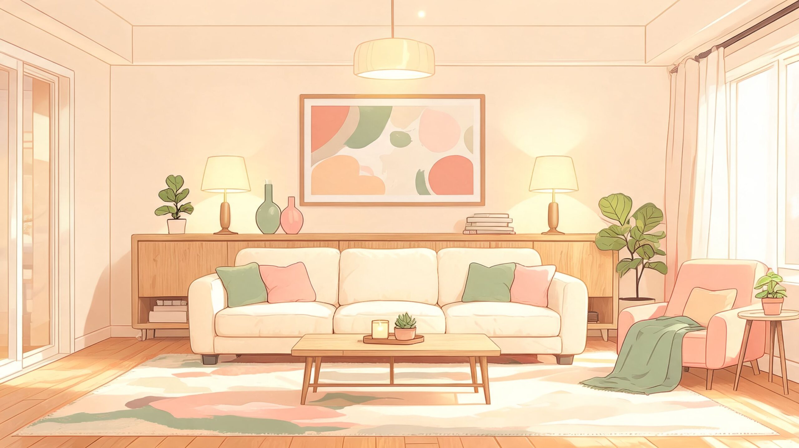 A cozy, sunlit living room featuring a cream-colored sofa, wooden console table, and soft pastel decor elements.