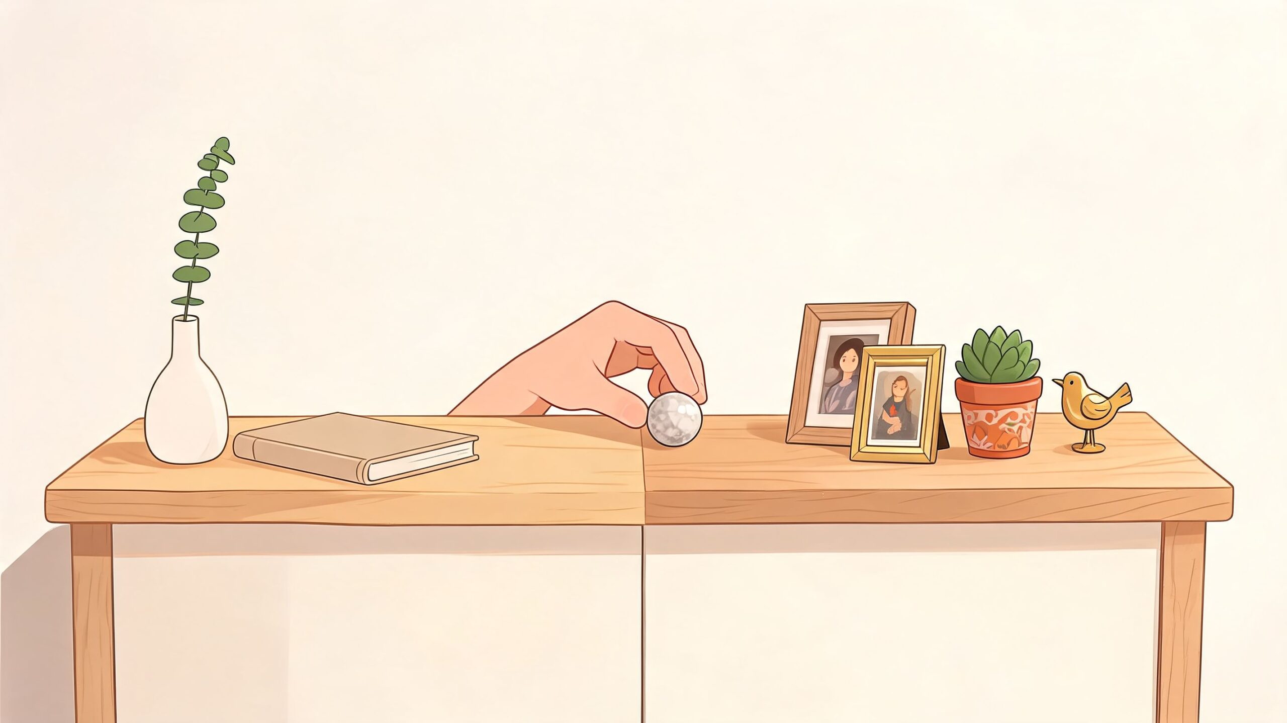 A hand placing a round decorative object on a wooden console table with plants and frames.