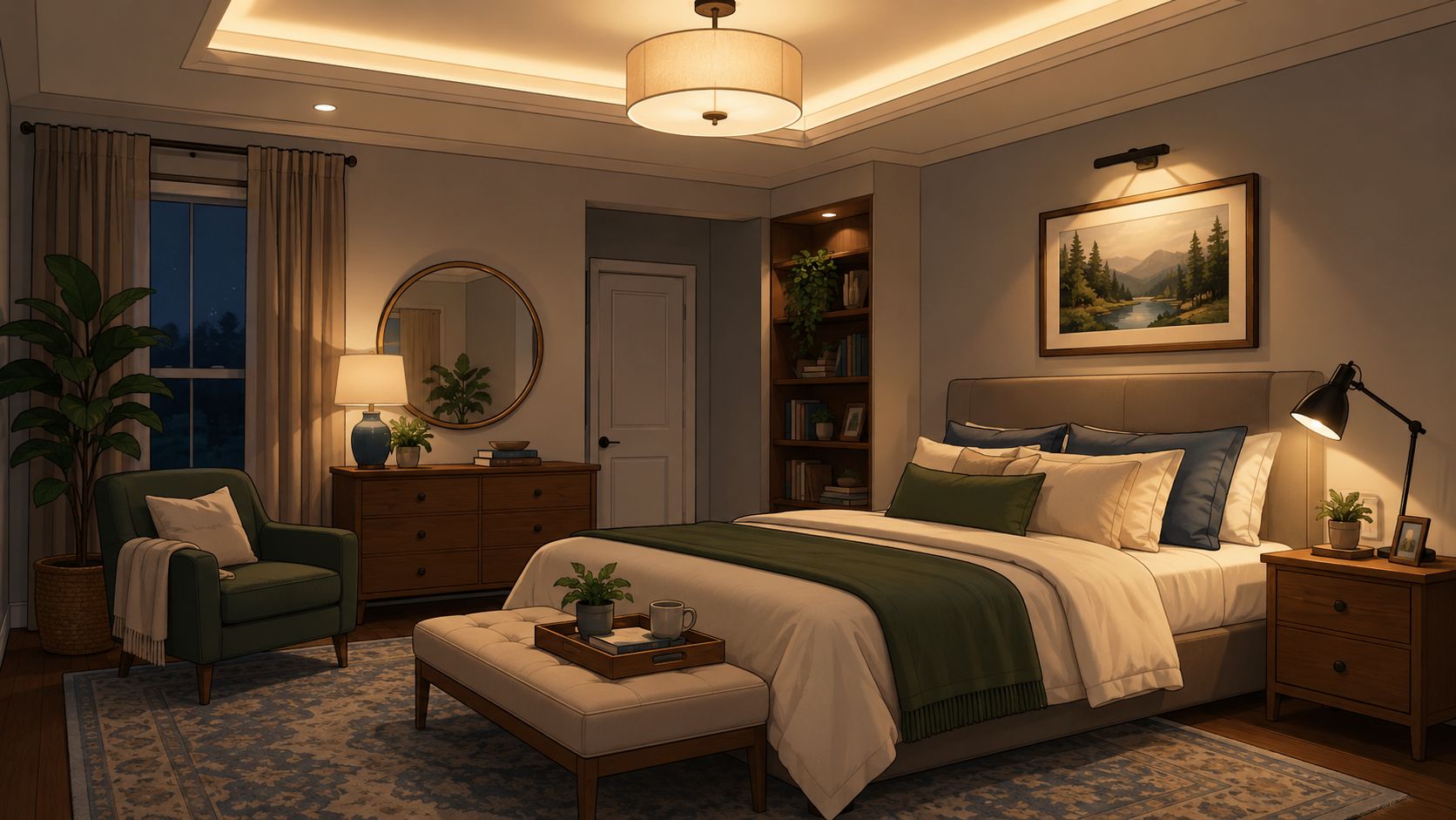 A cozy, well-lit bedroom featuring a comfortable bed, warm lighting, contemporary ceiling fixtures, and decorative plants.