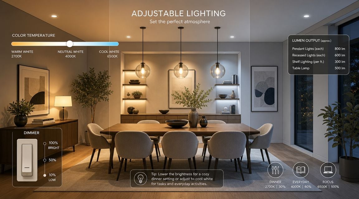 A modern dining room demonstrating adjustable lighting temperature and brightness settings for various household activities.