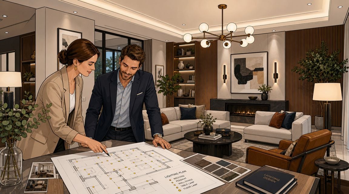 A professional interior designer and client reviewing a detailed lighting floor plan in a luxury living room.