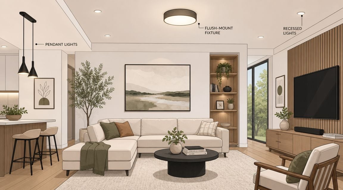 A modern living room interior design featuring a sectional sofa, coffee table, and various contemporary ceiling lights.