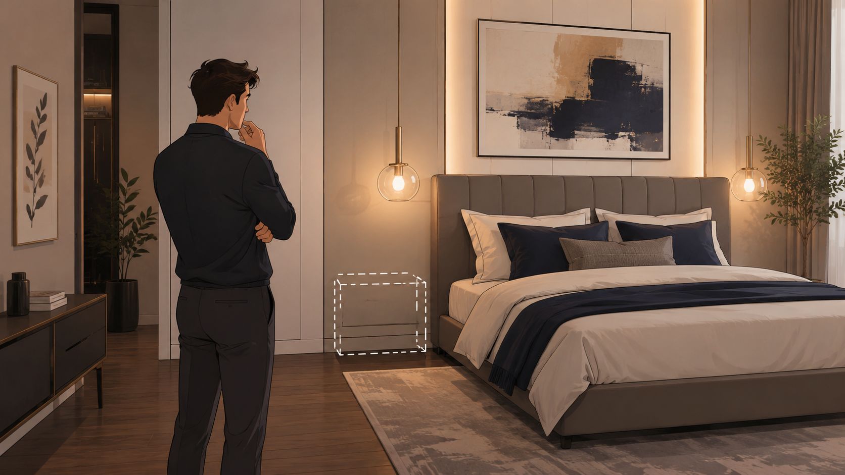 A man stands in a modern, elegant bedroom contemplating the placement of a contemporary night table.