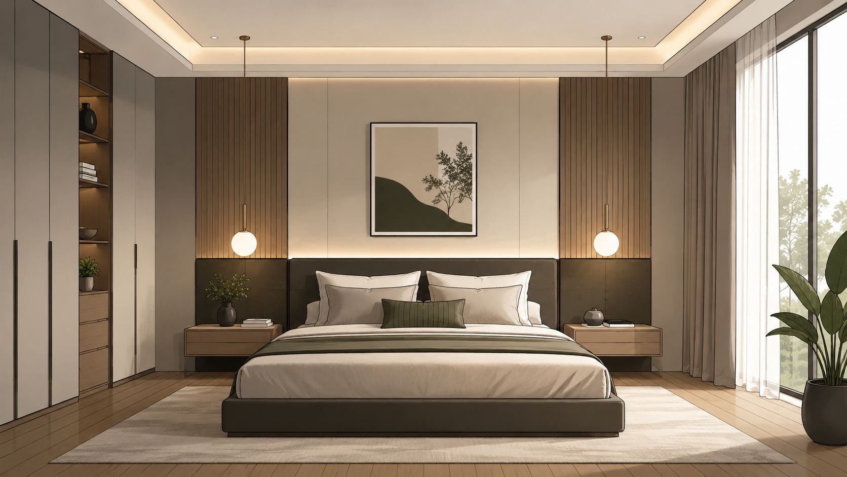 A modern, minimalist bedroom featuring an elegant platform bed, neutral tones, and sleek, functional contemporary night tables.