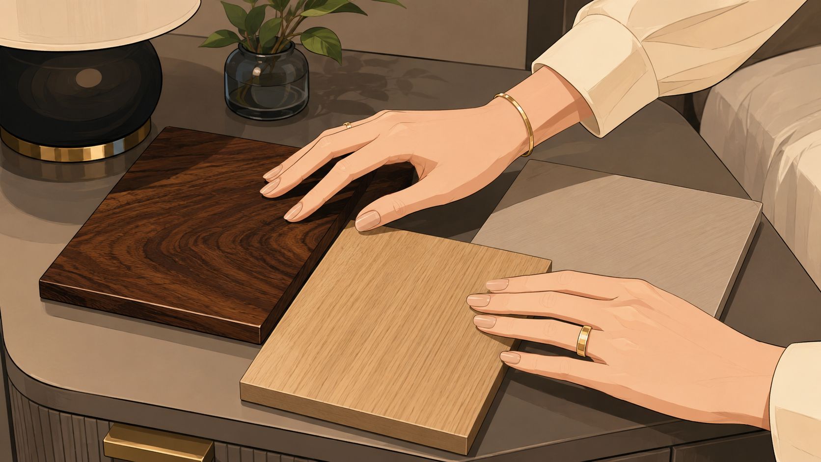 A close-up view of a person examining wooden samples on a stylish contemporary night table.