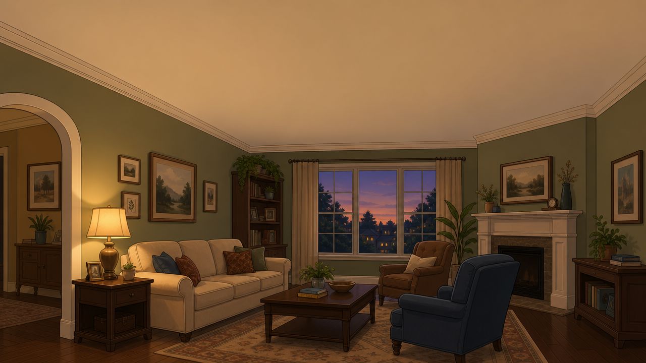 A cozy, warm living room at twilight with comfortable seating, a fireplace, and views of a neighborhood.