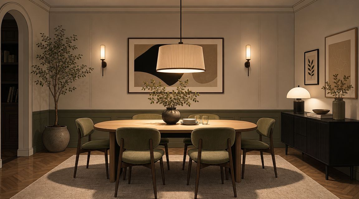 A sophisticated dining room featuring a wooden oval table, green velvet chairs, and a minimalist corded pendant light.