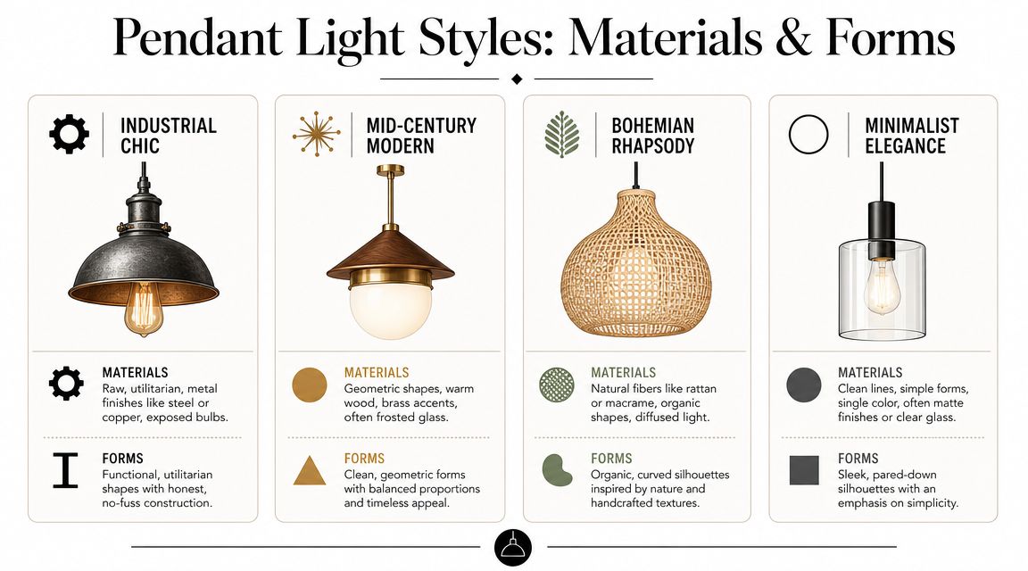 An infographic detailing four distinct styles of pendant lights: Industrial Chic, Mid-Century Modern, Bohemian Rhapsody, and Minimalist Elegance.
