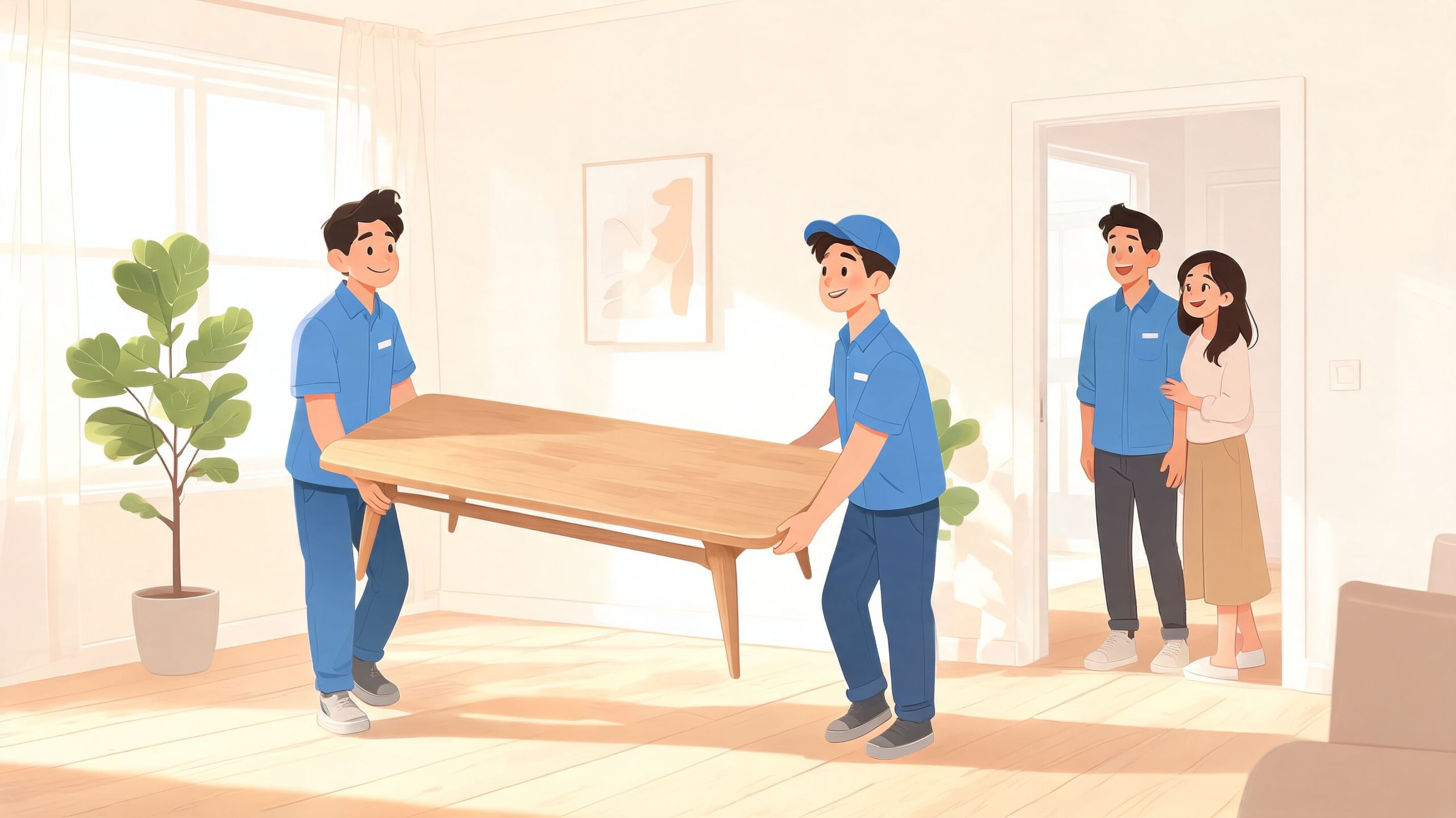 Two movers in blue uniforms carrying a wooden dining table into a bright and modern living room.