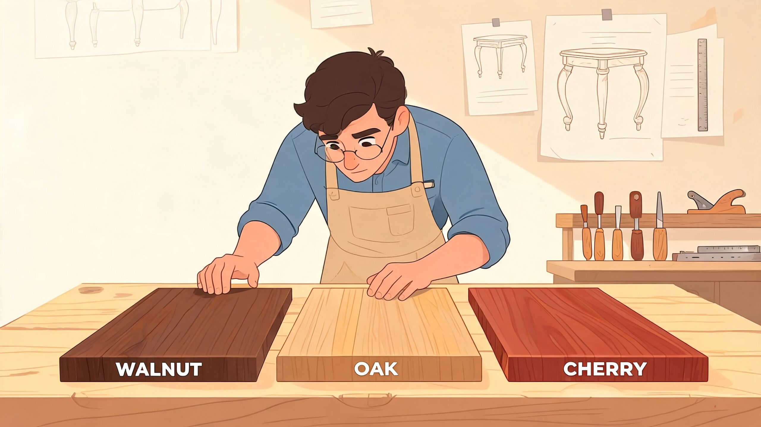 A carpenter in an apron examining wooden planks labeled walnut, oak, and cherry at his workbench.
