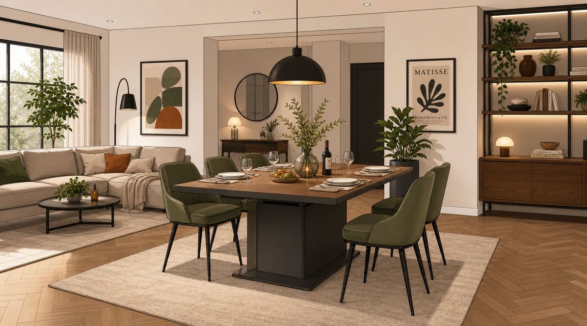 A stylish modern dining room featuring a sleek wooden expandable kitchen table with green upholstered chairs.