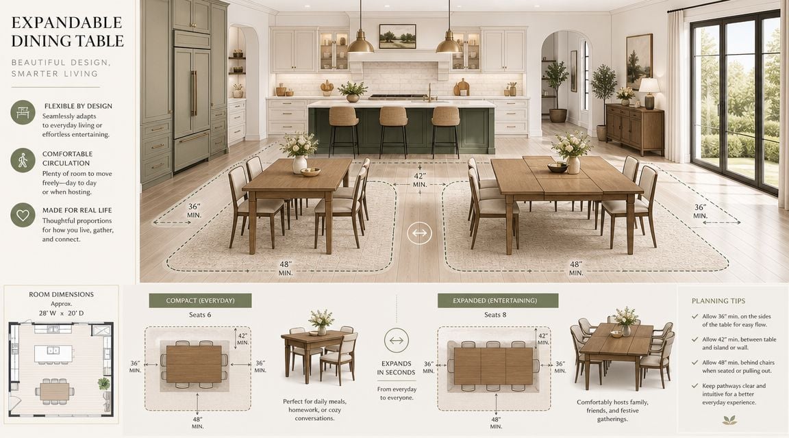 A diagram demonstrating the space-saving benefits and recommended clearance dimensions for an expandable wooden dining table.