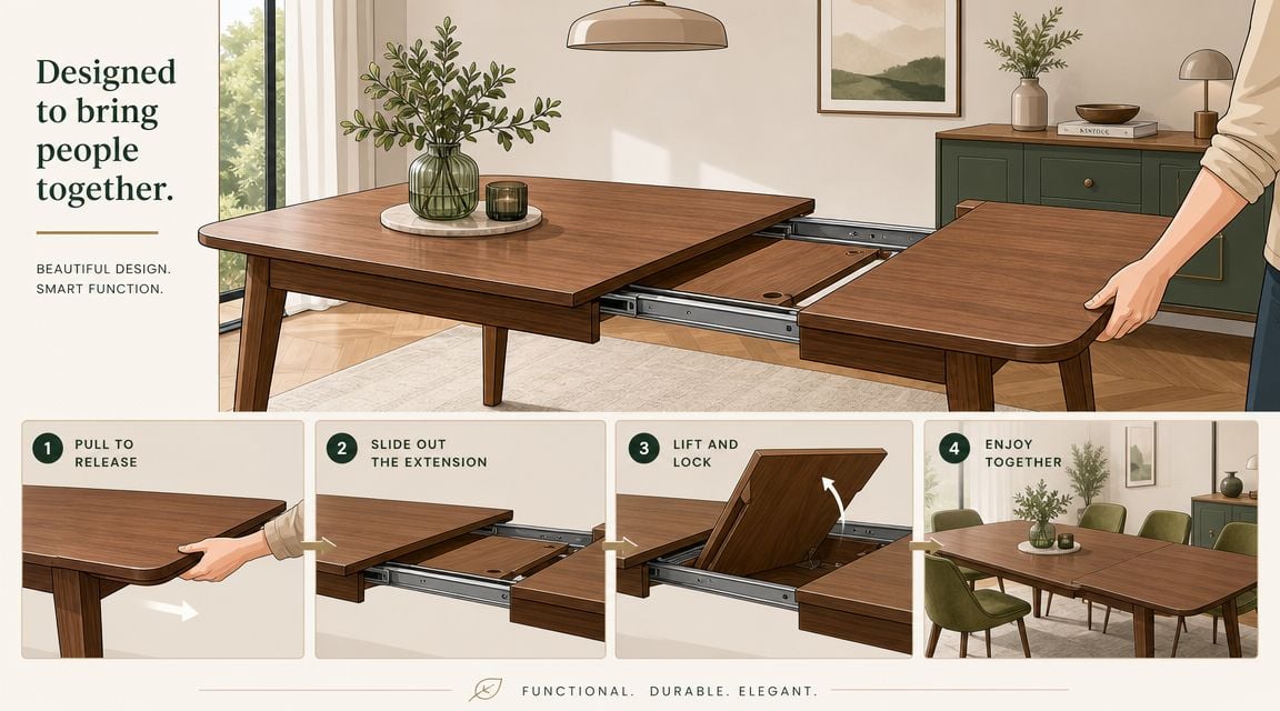 A diagram demonstrating the four easy steps to extend a wooden dining table for additional seating space.