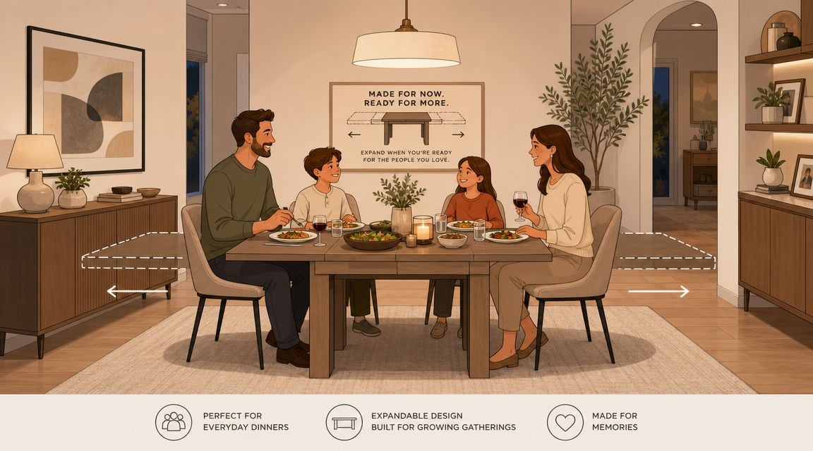 A happy family eating dinner together at an expandable wooden dining table in a cozy modern home.