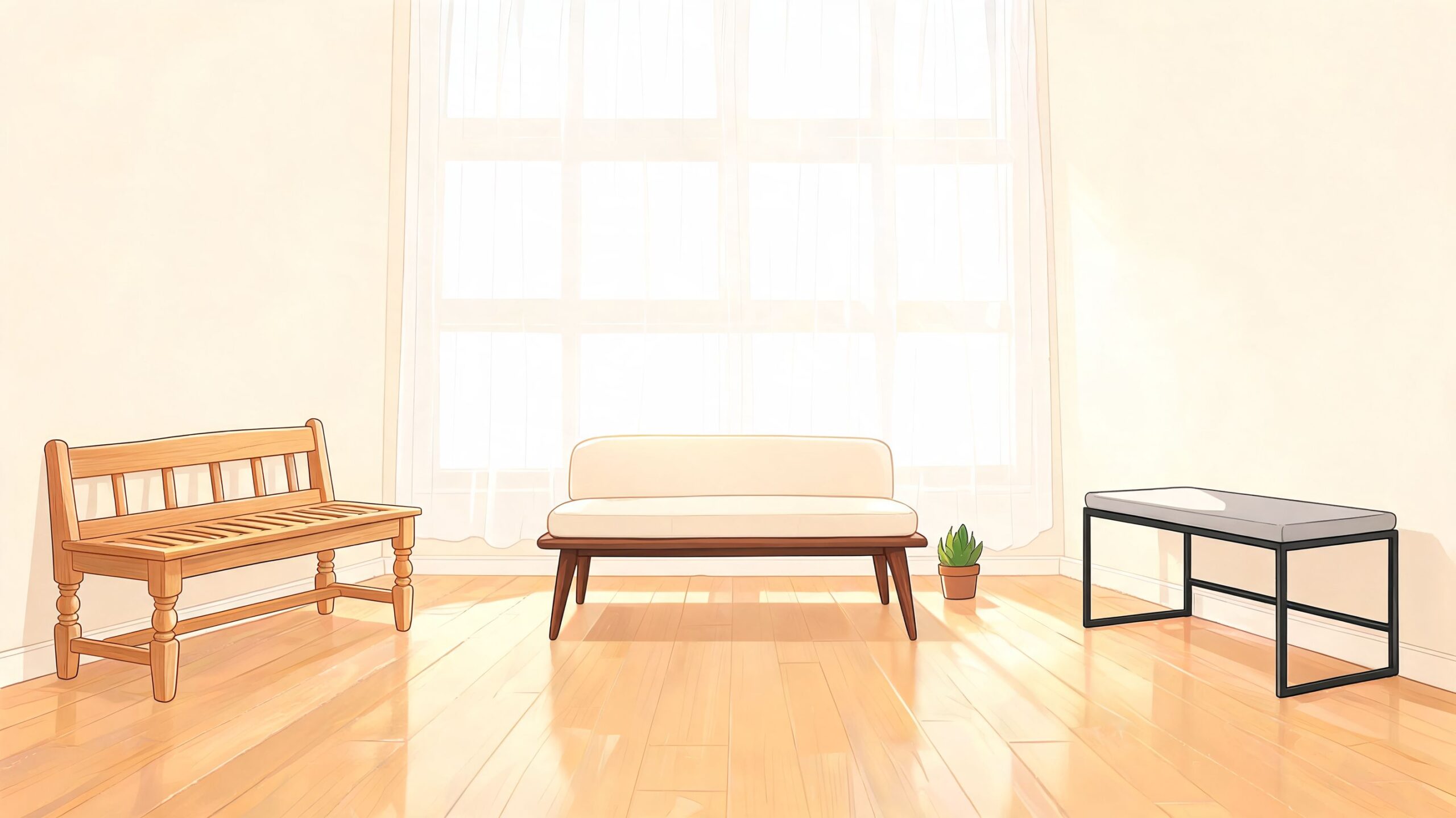 Three different styles of wooden and upholstered benches arranged in a bright, sunlit room with a large window.
