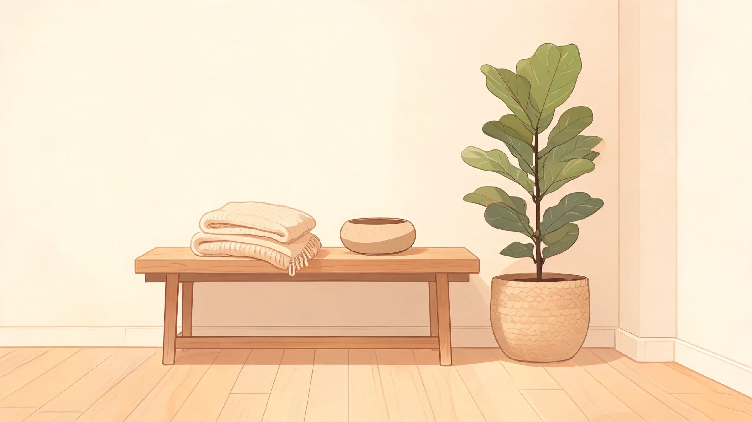 A minimalist wooden bench with a folded blanket and bowl beside a potted fiddle leaf fig plant.