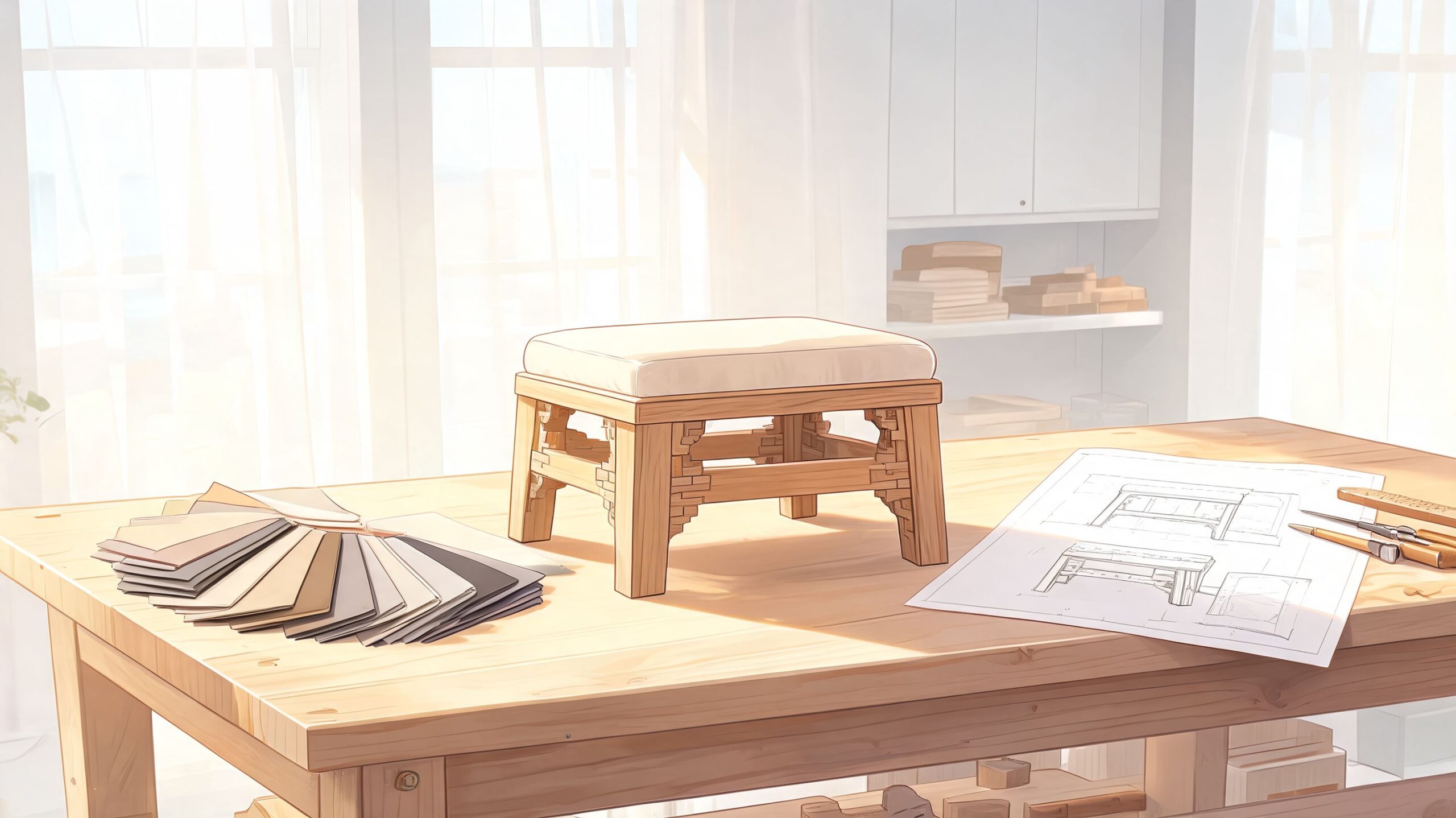 A small wooden stool with a cushioned top sits on a workshop table near architectural blueprints.