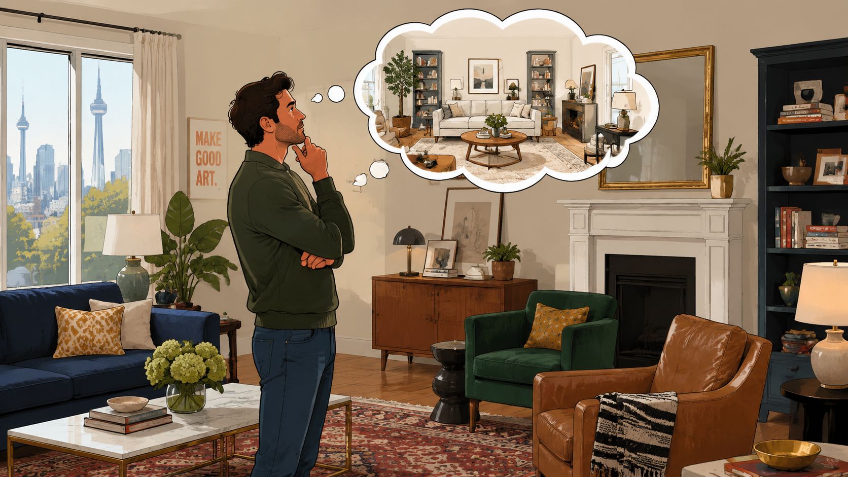 A man in a living room looking at a thought bubble depicting his dream interior design project.
